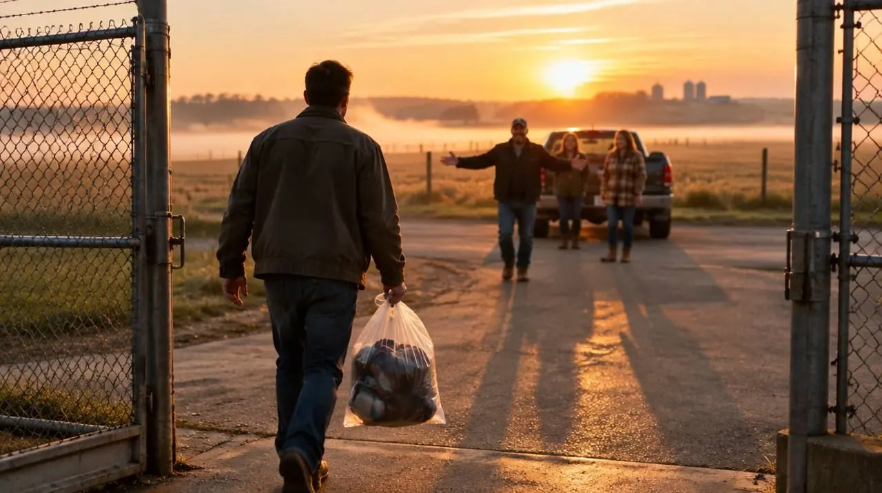 A man walks out of a prison gate at sunrise carrying a plastic bag while a small group waits for him by a truck