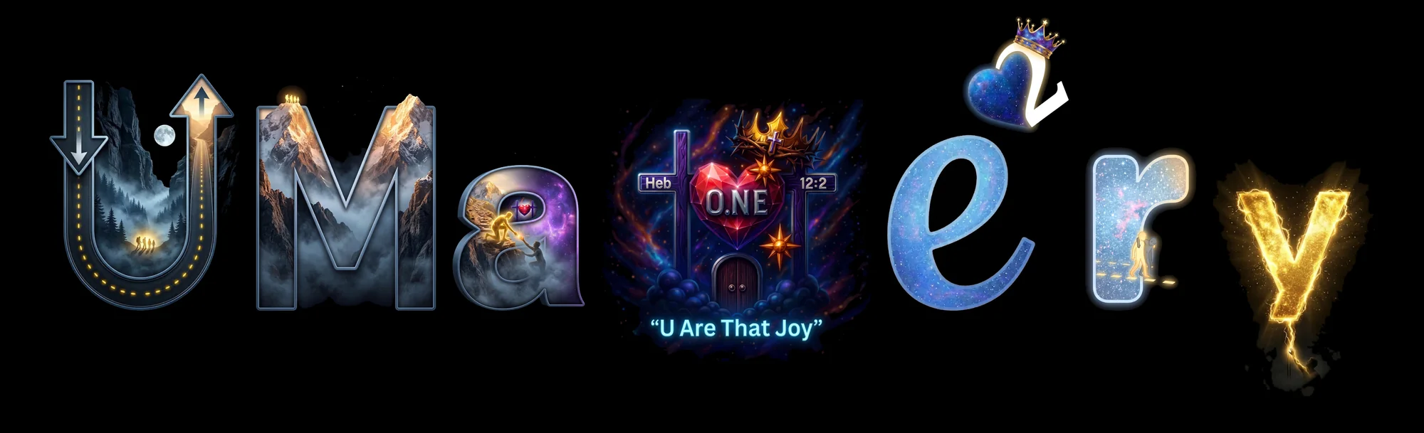 uMattery logo: the letter U drawn as a road that goes down and comes back up, mountain letters, a ruby heart reading O.NE between two crosses, and the words U Are That Joy